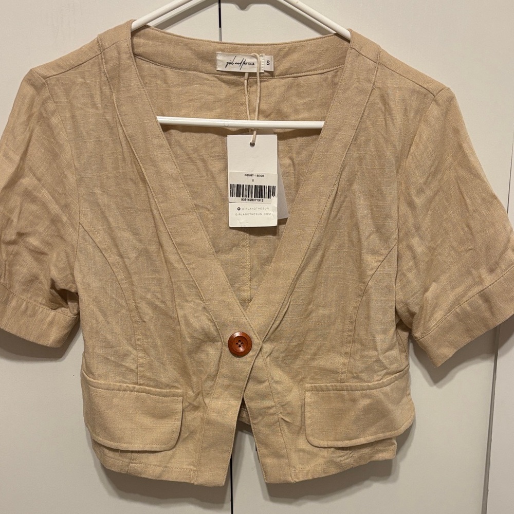 Cropped Button-Front Linen Top - S